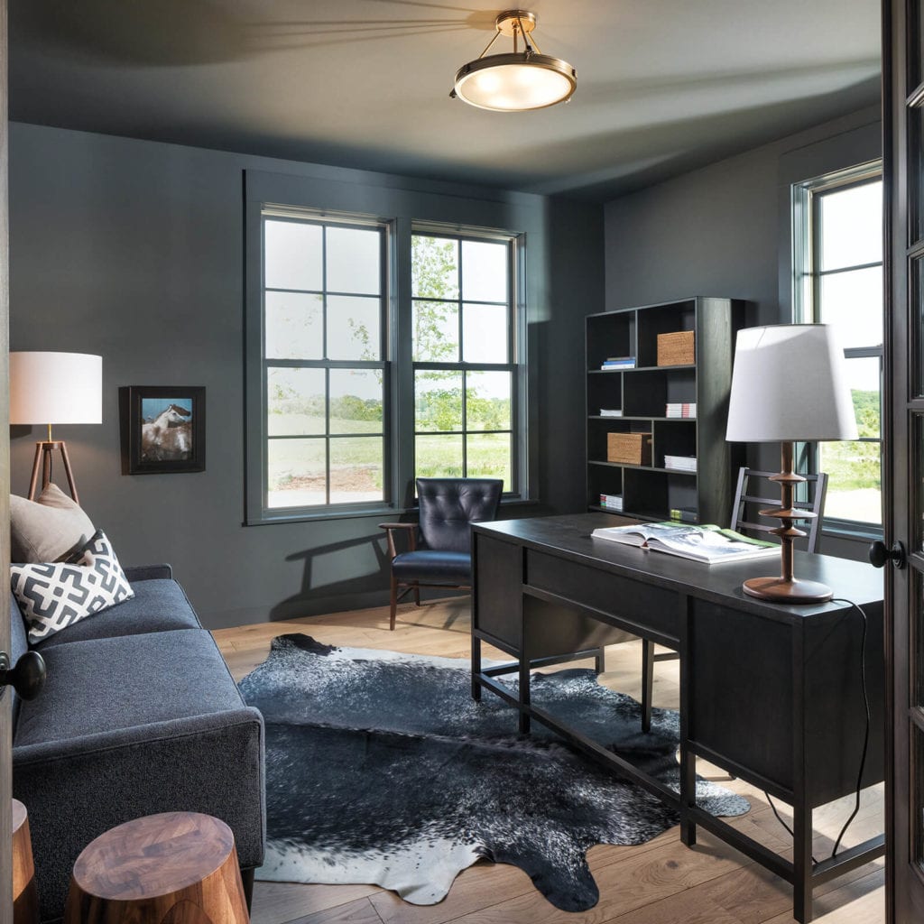 office room with black walls and modern windows