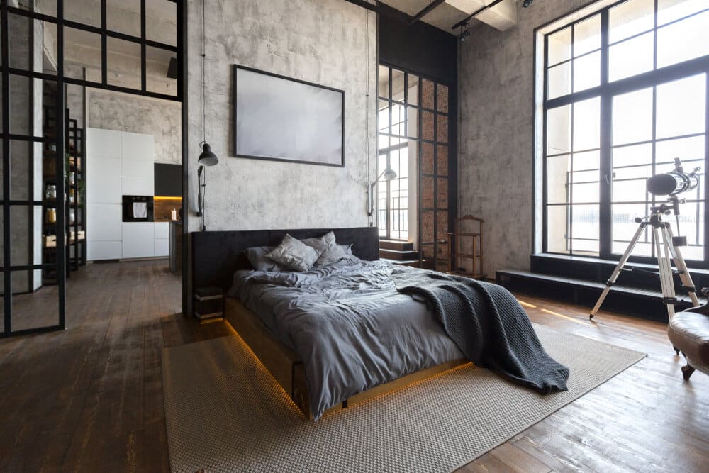 bedroom with floor to ceiling windows